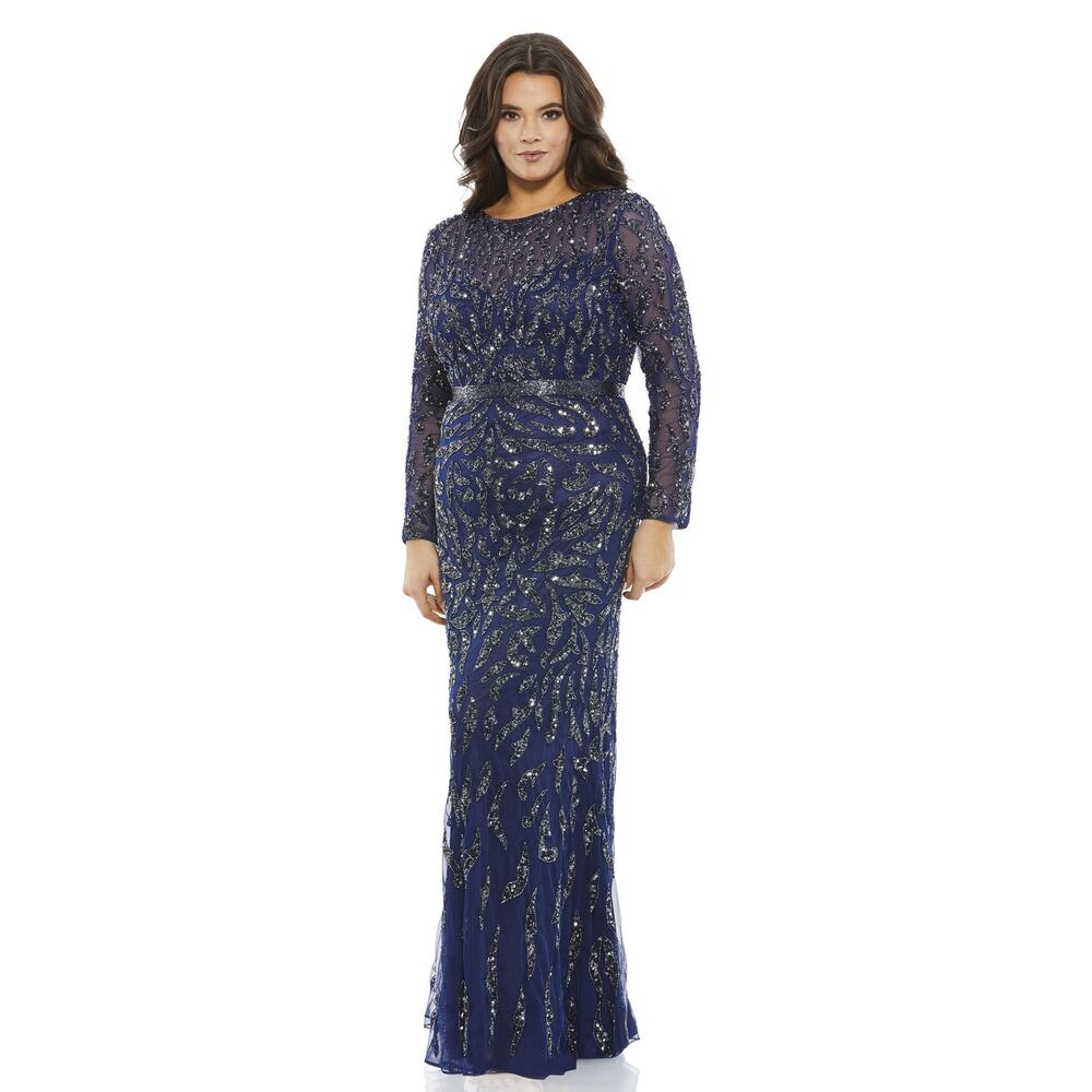 Mac Duggal Size 20 Midnight Blue Beaded Sequin Long Sleeve A-Line Gown NWT